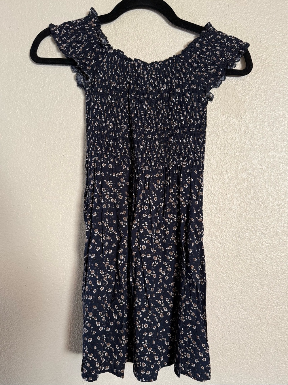 Brandy Melville Navy and White Floral Smocked Mini Dress Size XS/S